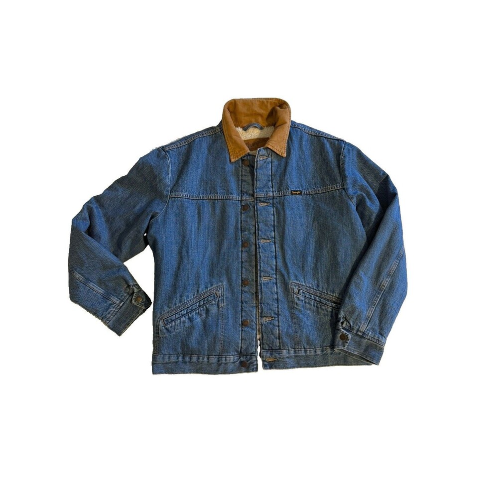Wrangler Men M Sherpa Lined Wrange Corduroy Collar Denim Jacket Trucker Blue